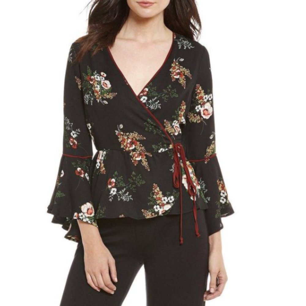 June & Hudson Floral Print Bell Sleeve Wrap Top